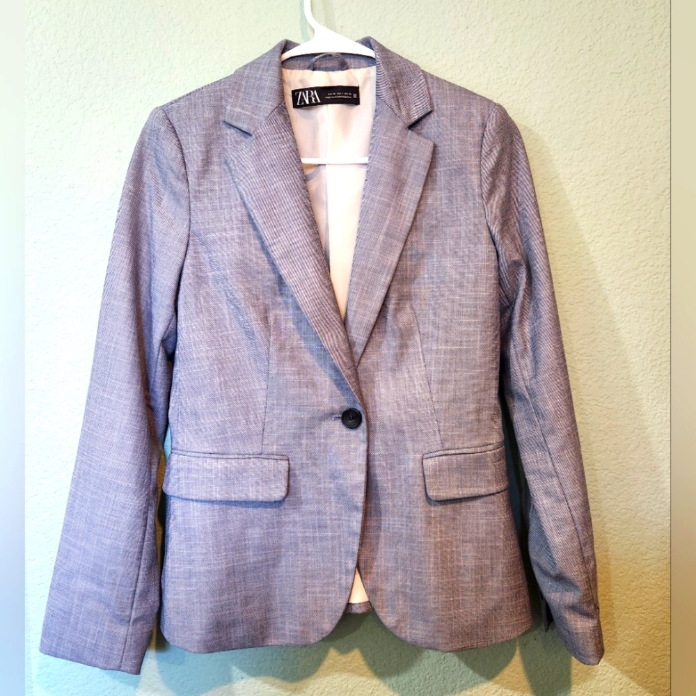 Zara Woman Size 4 Chambray Blue Single Button Blazer Suit Sport Coat Jacket Prep
